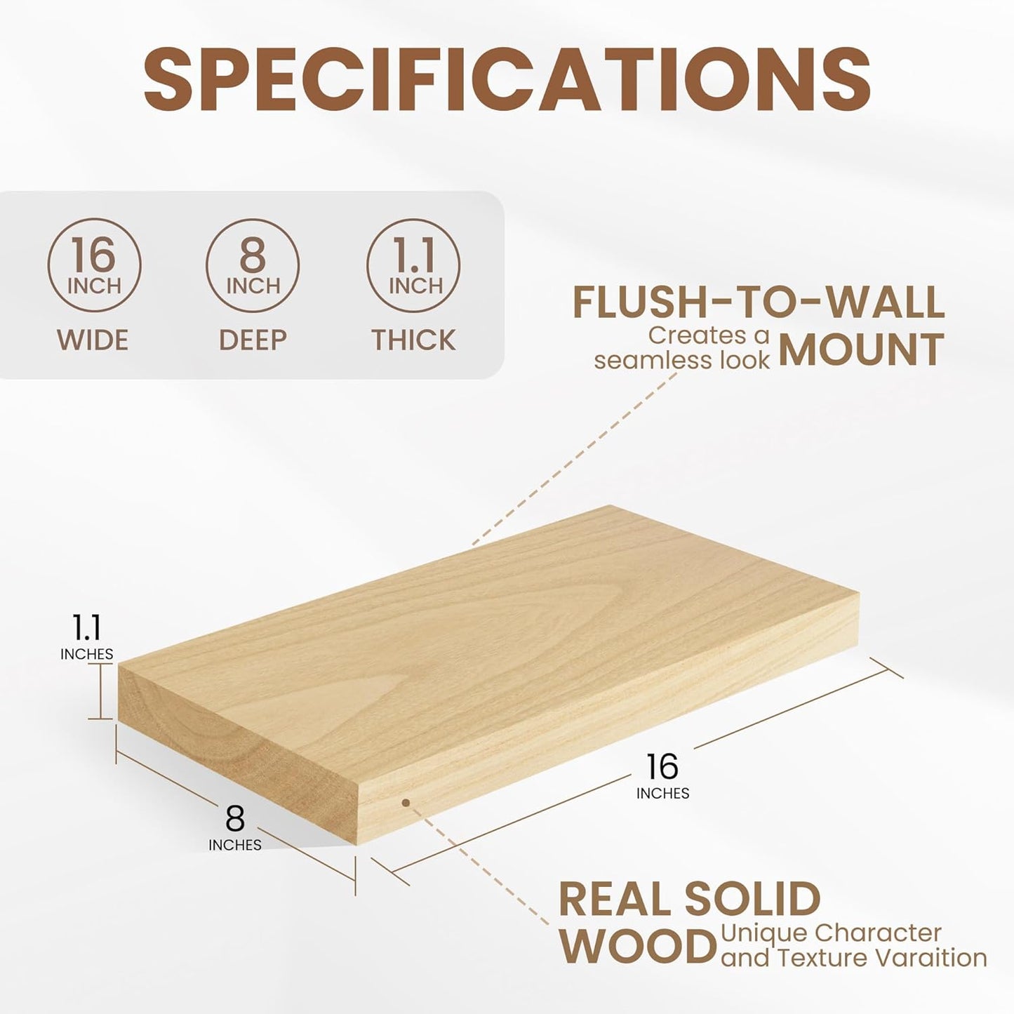 Floating Shelves for Wall, Real Wood Floating Shelf Set of 2, 8 Inch Deep Floating Shelves, Rustic Wood Wall Shelf for Home Decor, Deep Storage Shelves for Bathroom, Kitchen, 16"W x 8"D, Burlywood