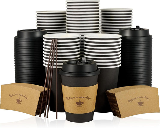 LITOPAK 100 Pack 12 oz Paper Coffee Cups for Hot Chocolate Drinks, Black Disposable Coffee Cups with Lids, Sleeves and Stirring Sticks for Parties, Picnic, Travel, and Events