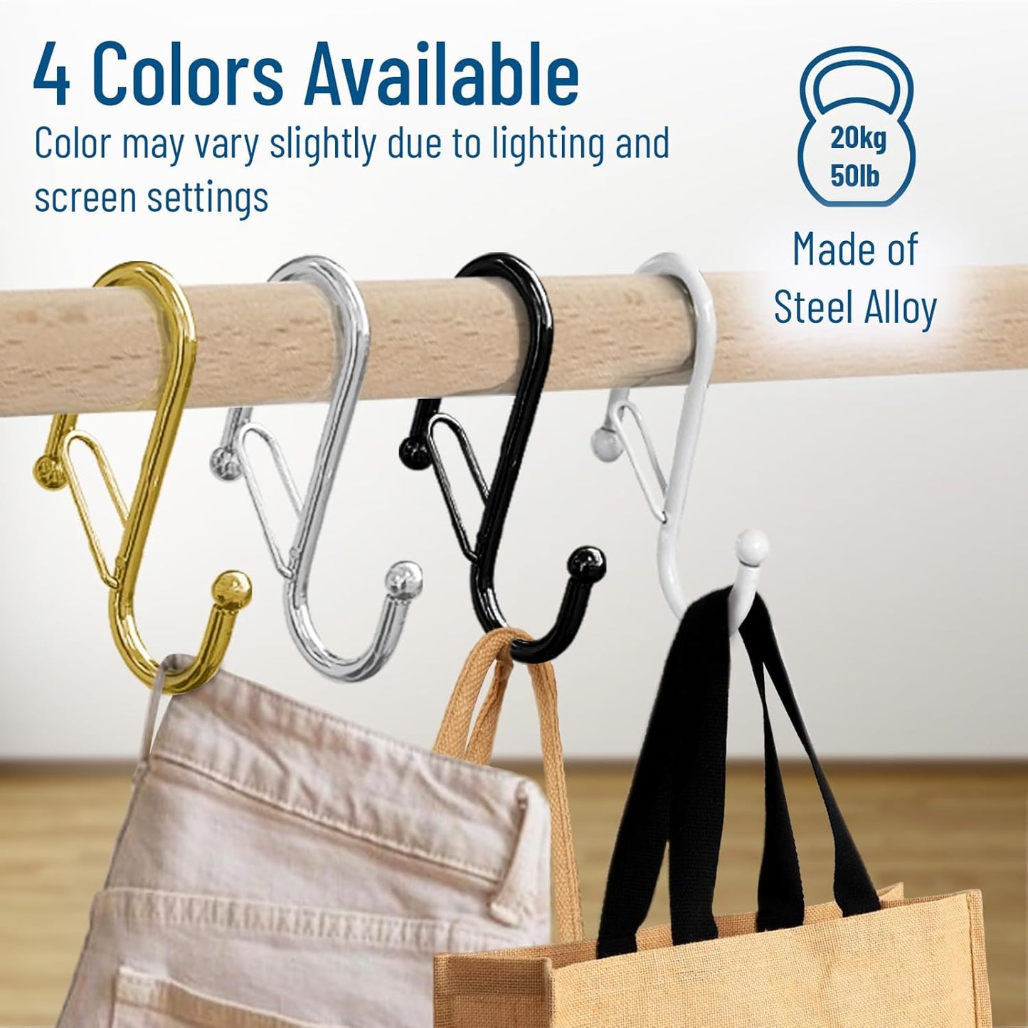 10-Pack Metal S Hooks for Hanging – Heavy-Duty S-Shaped Hooks with Safety Buckle – Fits Bars up to 0.8 in – Anti-Drop S-Hooks for Kitchen, Bathroom, Closet & Pot Racks – White (Medium)