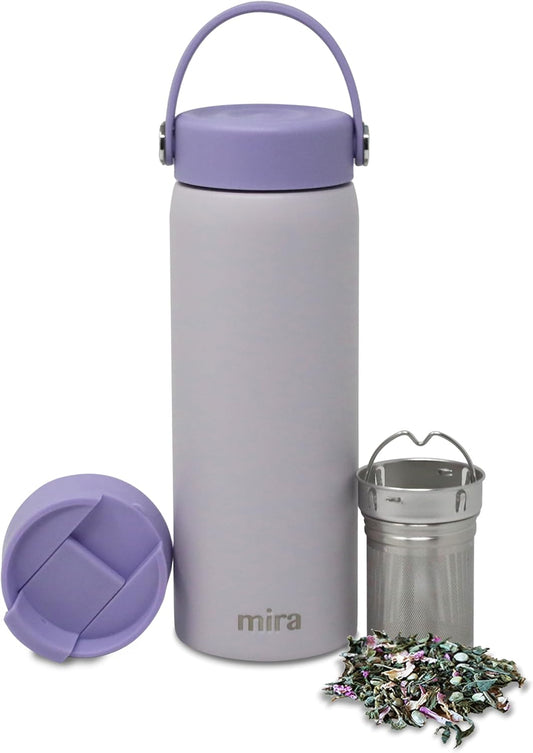 MIRA 18 oz Tea Infuser Thermos - Stainless Steel Travel Bottle with Removable Strainer for Loose Leaf Tea - Insulated Hot & Cold Brew Steeper - Heather
