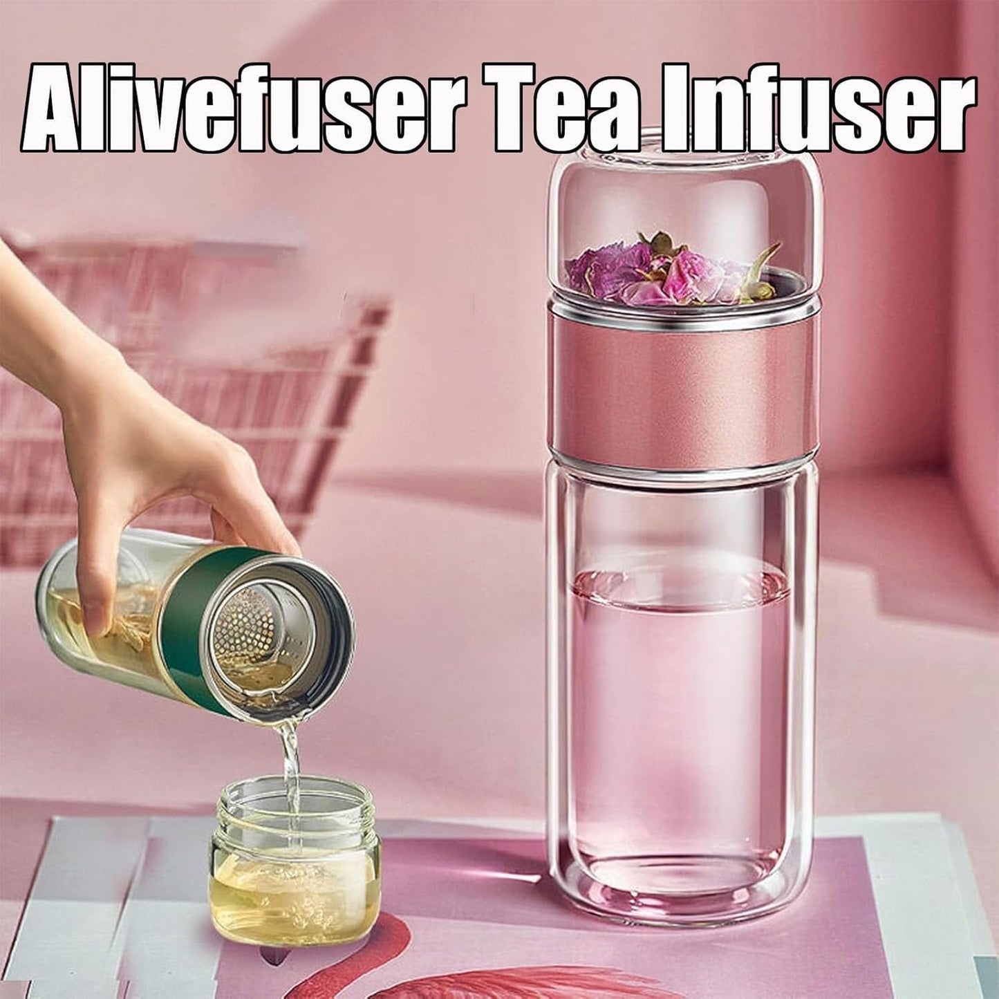 Tryteava Glass Infuser, Tryteava 3-in-1 Smart Tea Infuser, Portable Glass Double Wall Tea Infusers Bottle, with Stainless Steel Filter, Hot & Cold Brew, For Loose Leaf, Office Home (Gold, 420ml)