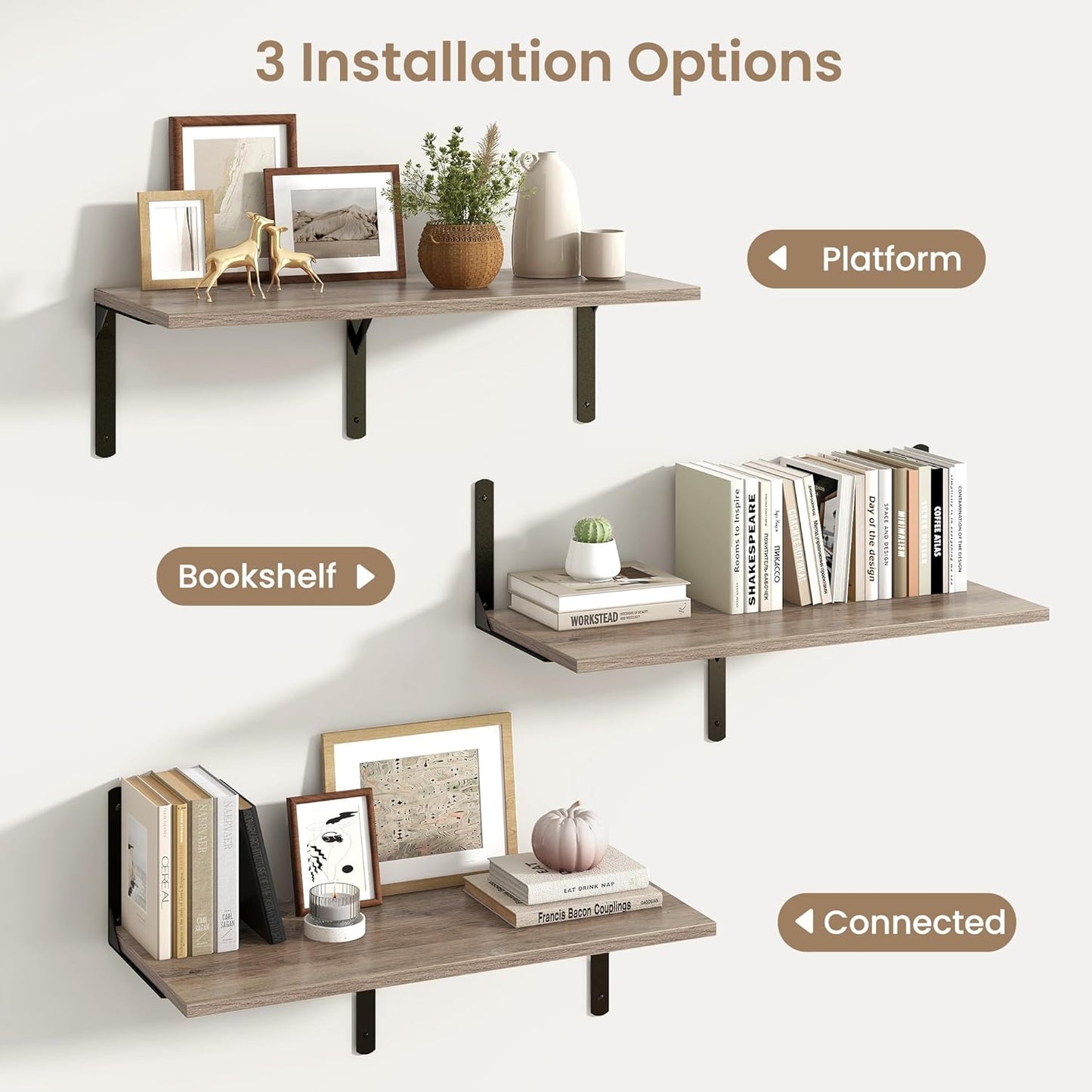 Fun Memories Floating Shelves for Wall, 12 Inch Deep Floating Shelves Set of 2, Wall Mounted Shelf with Metal Brackets, Rustic Wood Wide Shelf for Bathroom, Kitchen and Living Room, Grey, 32W x 12D