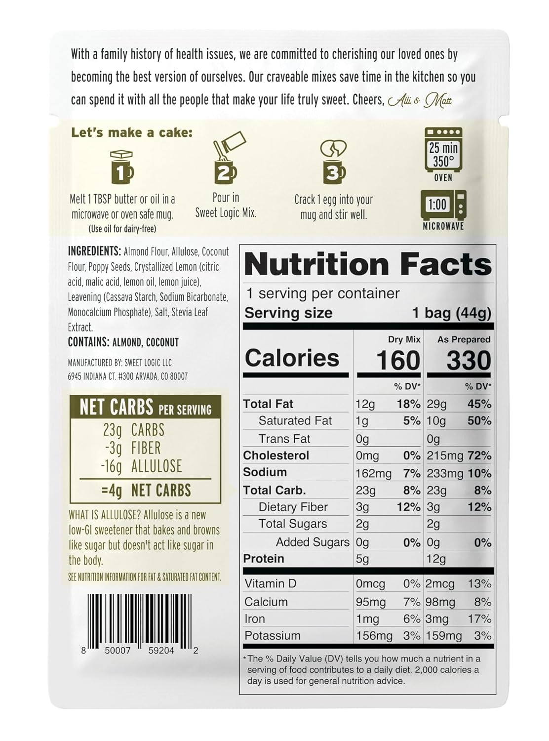 Sweet Logic Keto Dessert Mug Cake Mixes - Lemon Poppyseed - Low Sugar - Gluten-Free - Low Carb - Diabetic-Friendly Sweets - Natural Ingredients - High Protein - Delicious Keto Treats (4 Pack)