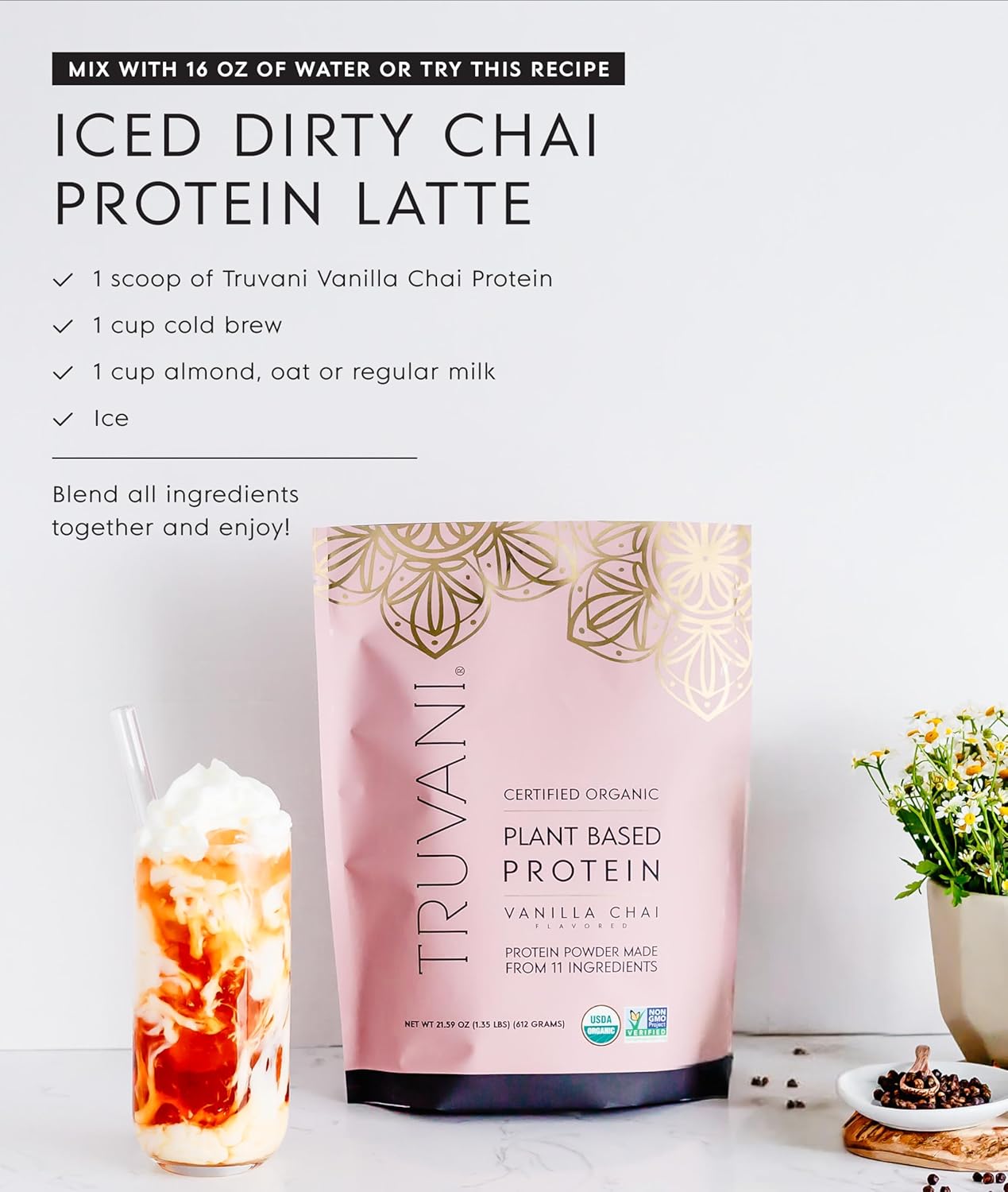 Truvani Vegan Pea Protein Powder | Vanilla Chai | 20g Organic Plant Based Protein | 1 Serving | Keto | Gluten & Dairy Free | Low Carb | No Added Sugar