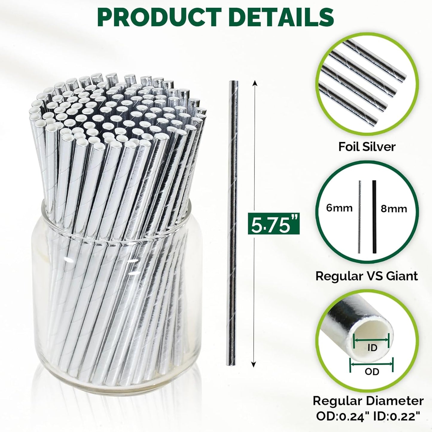 Chunsapk 5.75 inch Disposable Short Silver Paper Cocktail Straws, Stirring Straws 500 Counts - for Party, Wedding, Bars