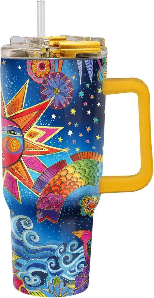 RainCaper 18/8 Stainless Steel Insulated Water Tumbler with Straw | 30oz, BPA-Free, Double Wall for Hot & Cold | Travel-Friendly, Cup Holder Ready (Laurel Burch Celestial Magic)
