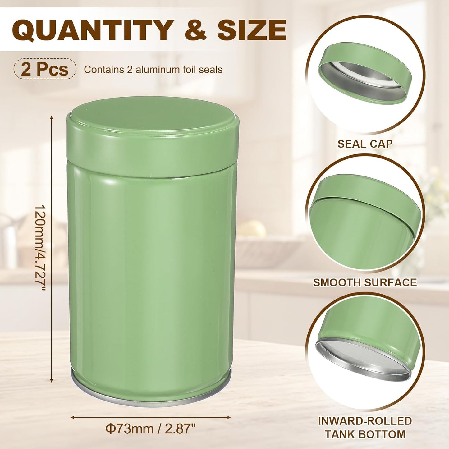 uxcell 2Pcs Round Tea Canisters, 5" x 3" Airtight Metal Tea Containers for Loose Tea, Coffee Beans, Spices - Durable, Compact, and Stylish Storage Tea Tin(Silver Green)