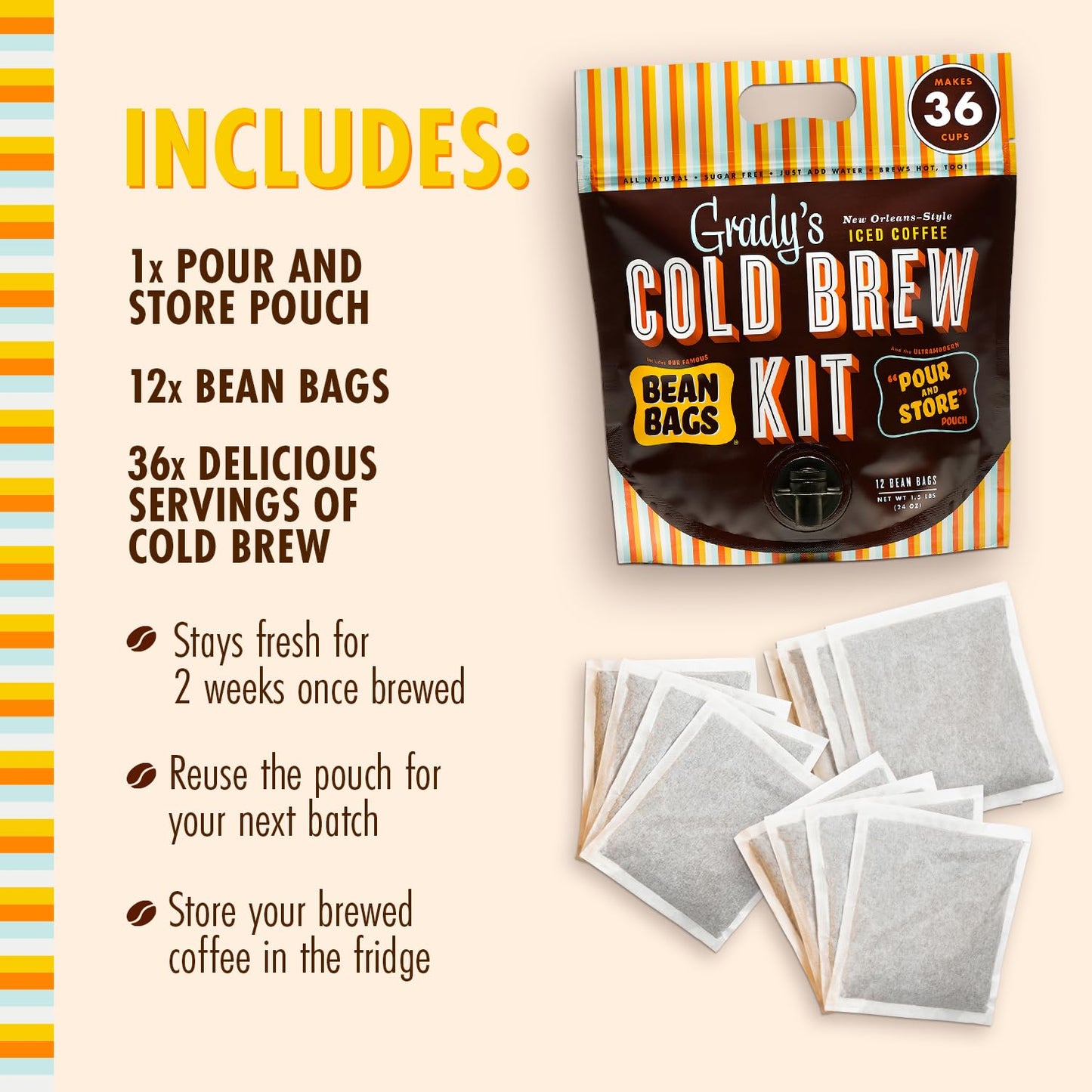 GRADY’S COLD BREW, New Orleans Style, 100% Arabica Ground Coffee & Chicory Pouches, All-in-One Cold Brew Kit with 12 Easy-to-Brew Beans Bags, Makes 36 drinks