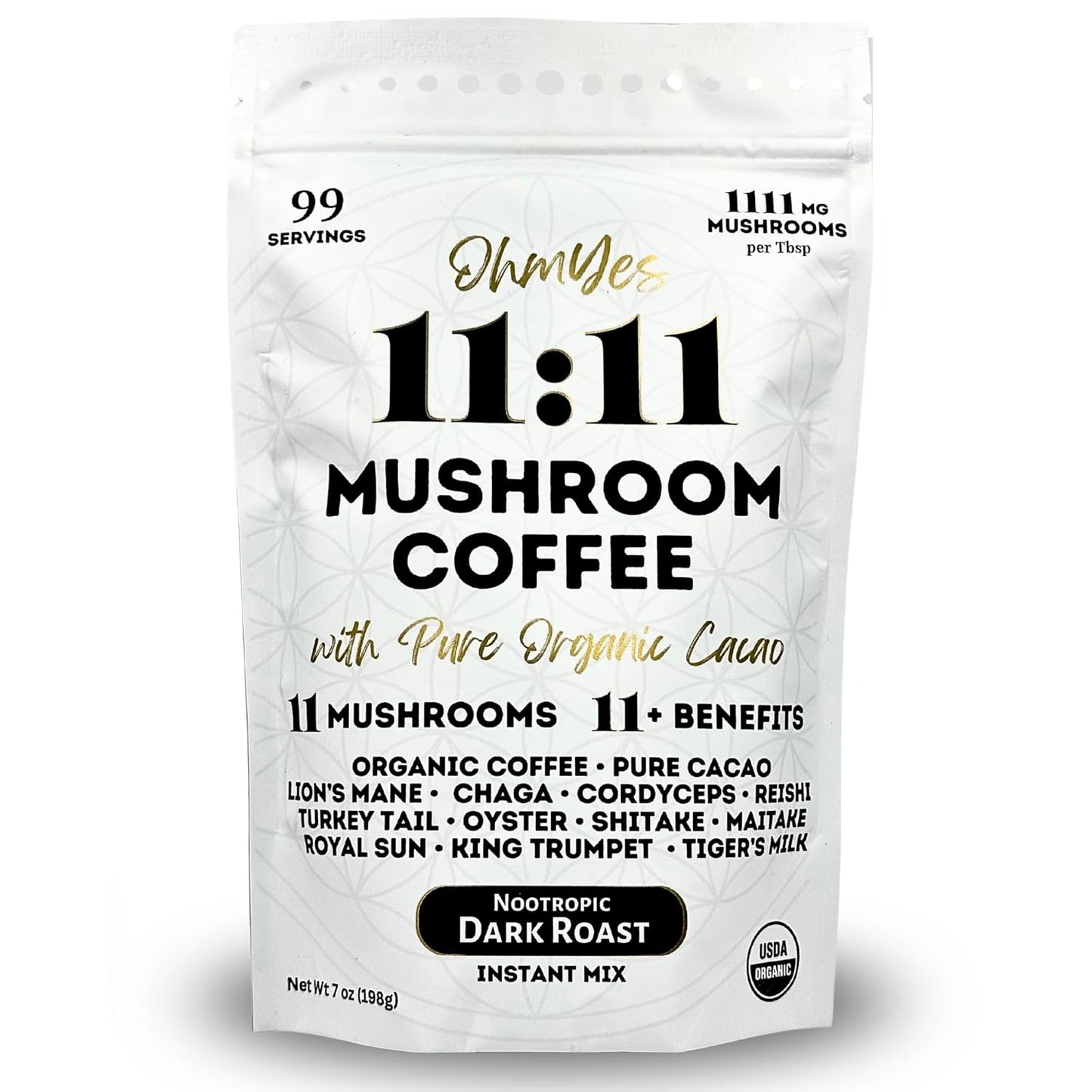 Organic Mushroom Coffee with Cacao – 11x Adaptogenic Mushrooms for Focus, Clarity & Energy – Lion’s Mane, Reishi, Chaga + Nootropic Superfood by OhmYes (7oz) - 99 Servings