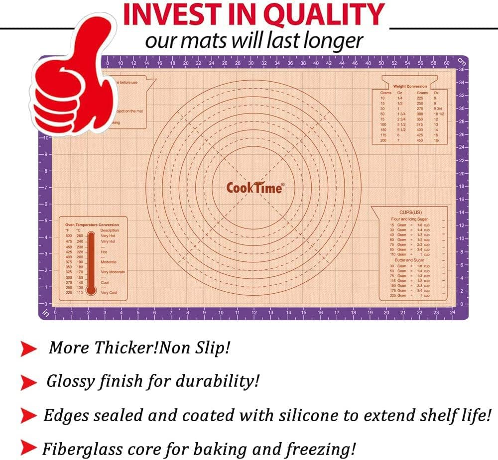 Silicone Pastry Baking Mat Non Stick-Large Rolling Dough with Measurements-Non Slip Pizza,Fondant,Pie,Cake Baking Mat - 26 x 16 Inch By Cook Time(Purple)