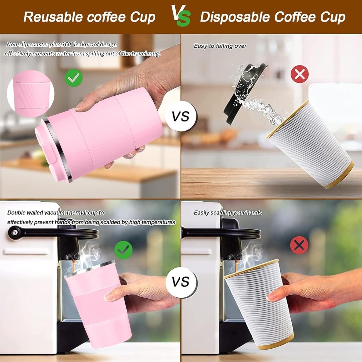 YINBAOGE Insulated Travel Coffee Mug Spill Proof Leak Proof Pobtable To Go Camping Stainless Steel Coffee Tumbler Reusable Coffee Cups with Lids Thermos for Hot and Cold Drink (Pink, 17 OZ)