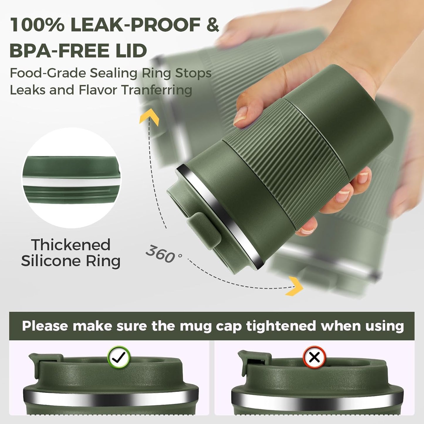 Volhoply 13 oz Stainless Steel Insulated Travel Coffee Mug with Fip Lid Bulk 8 Pack,Reusable Double Wall Vacuum Metal Coffee Cup,Portable Leak Proof Thermal Tumbler for Hot & Cold Drinks(Army Green,8)