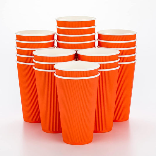 Restaurantware 16 Ounce Ripple Wall Disposable Coffee Cups, 500 Insulated Orange Paper Tumblers, Rolled Rim Design, Lids Sold Separately for Hot Drinks like Tea, Hot Chocolate and More
