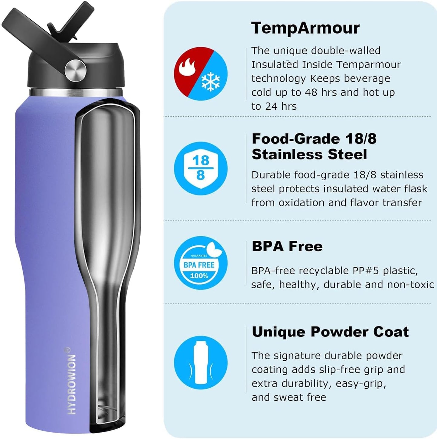 HYDROWION 40 oz Insulated Water Bottle with Straw fit in Car Cup Holder(Cold 48 hrs, Hot 24 hrs) Drinking Bottle with Straw Lid, Spout Lid and Flex Cap Leakproof Travel Thermo Mug，Purple