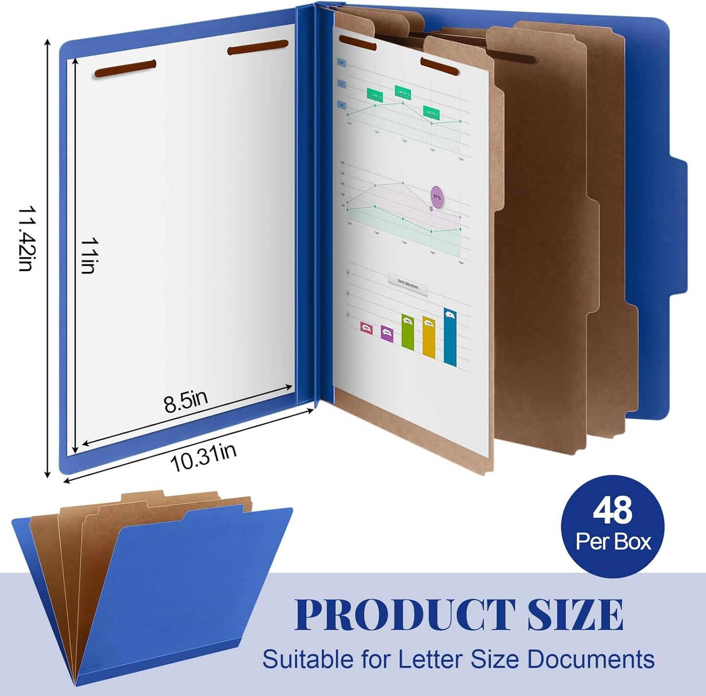 48 Pcs Classification Folders Letter Size, Back to School Supply for Teacher, Student, 3 Dividers Pressboard File Folder Bulk with 2 Fasteners, 3.5 Inch Expanding File Organizer (Dark Blue)