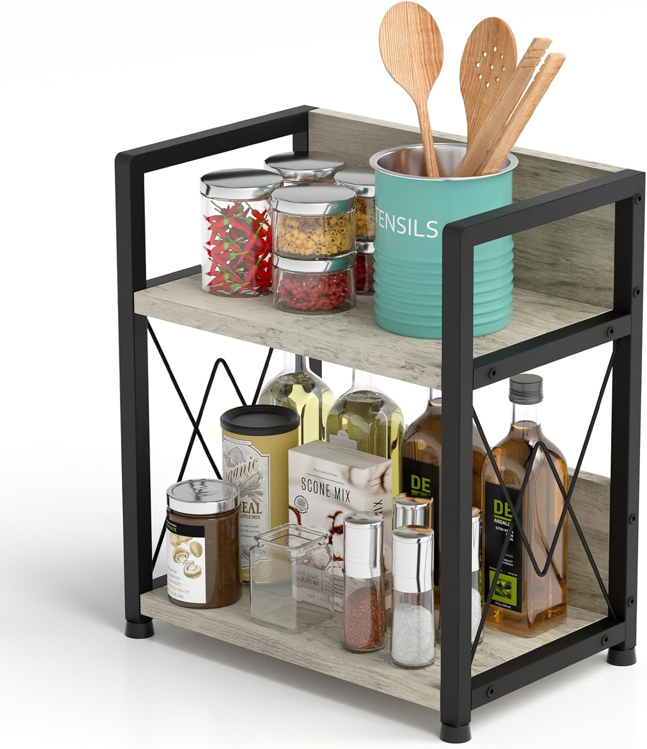 Aduanbang Coffee Bar Accessories Organizer, 2 Tier Wooden Kitchen Counter Shelf, Coffee Organizer Station for Countertop, Condiment Rack for Mugs, Cups, Cream, Syrup