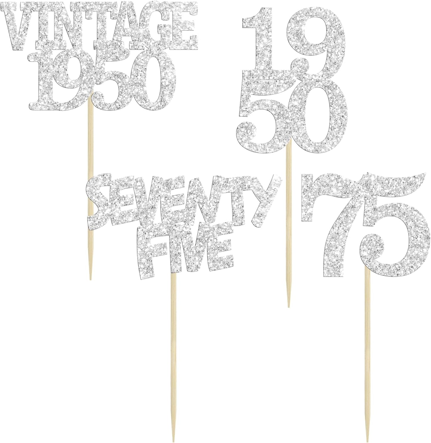 Gyufise 24Pcs 75th Birthday Cupcake Toppers Glitter Cheers to 75 Fabulous Seventy Five Vintage 1950 Cupcake Picks 75th Birthday Wedding Anniversary Party Cake Decorations Supplies Silver