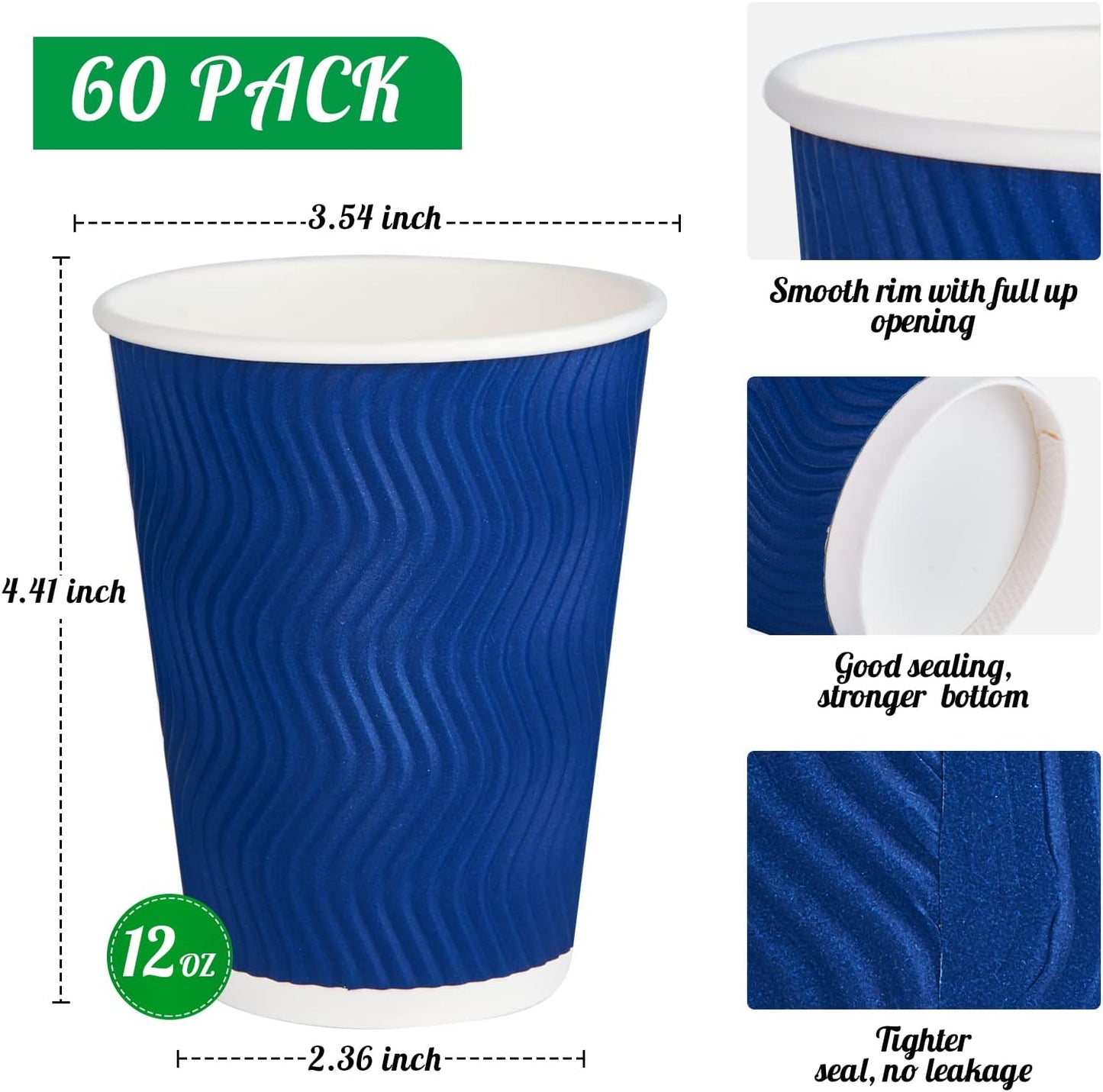 JollyPack 60 Pack 12 oz Paper Coffee Cups, Blue Disposable Beverage Cups with Insulated Ripple Wall for Coffee, Tea, and Hot Chocolate