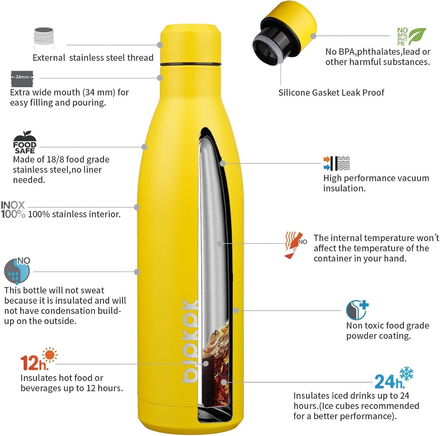 BJPKPK 25oz Insulated Water Bottle Double Wall Vacuum Insulated Stainless Steel Water Bottles for Spots Keep Cold and Hot,Yellow