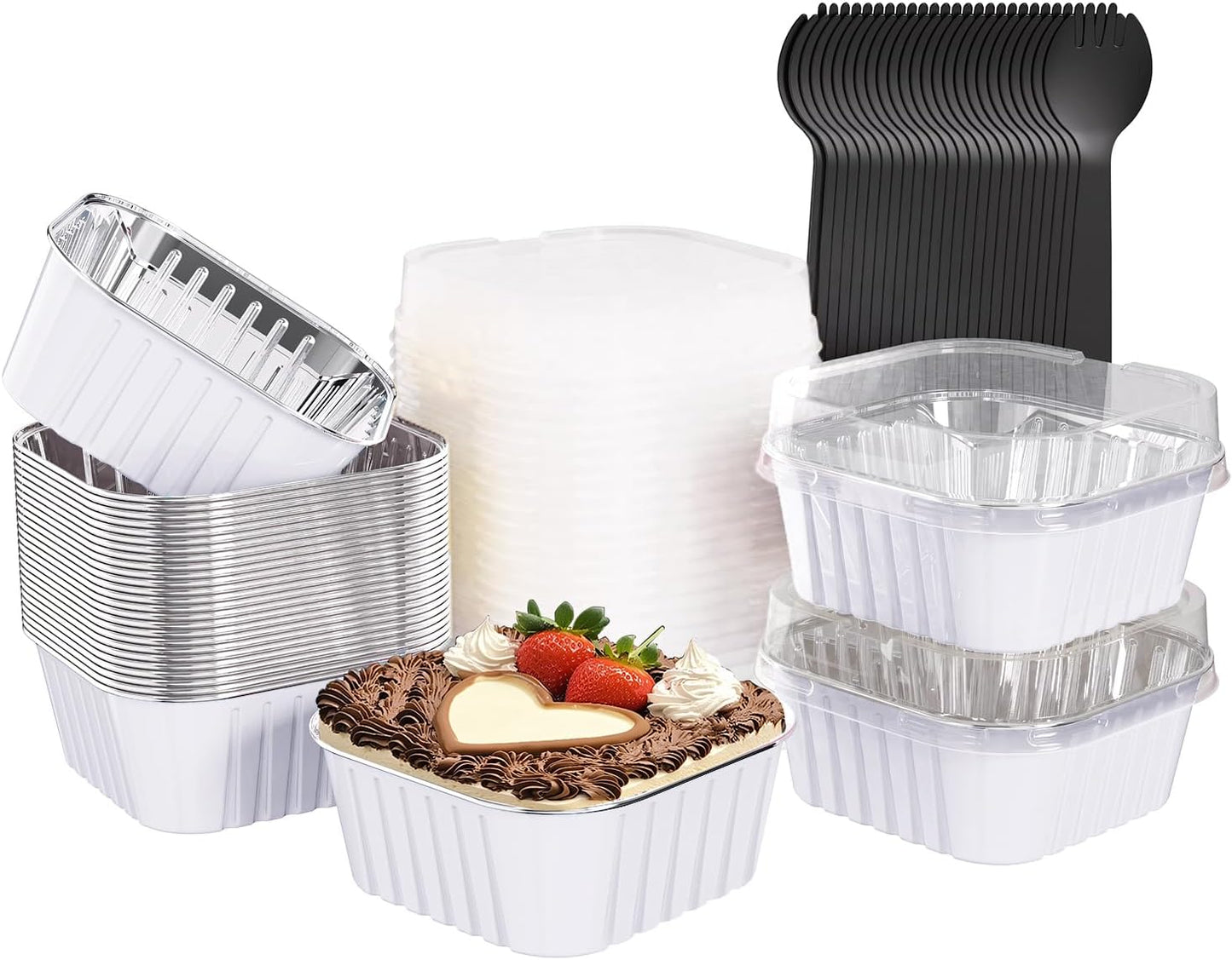 25 Pack Square Mini Cake Pans with Lids,Mini Loaf Pans with Lids,Aluminum Foil Baking Cups,Disposable Ramekins Cupcake Cups,Dessert Cups for Wedding Birthday Party Picnics,5oz (White)