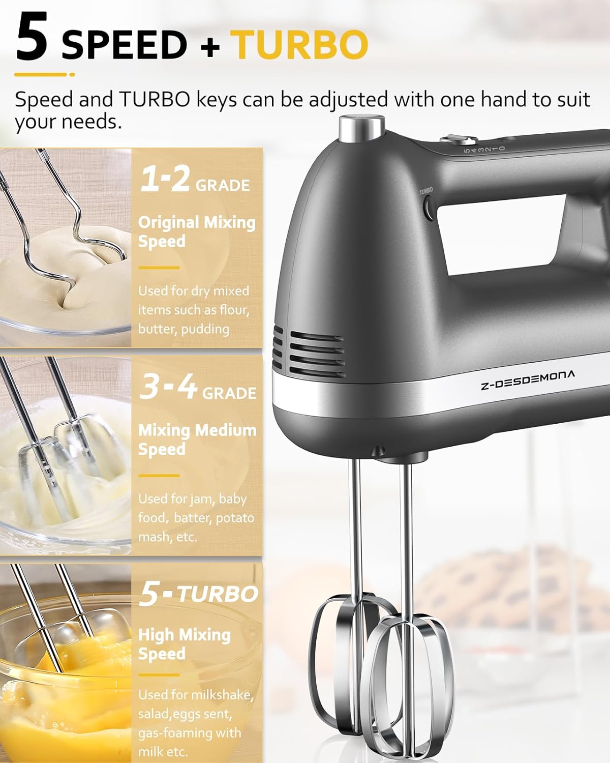 Electric Hand Mixer, Powerful Hand Mixer Electric Handheld with 304 Beaters, Dough Hook,Hand Held Mixer with Turbo for Baking Cakes, Eggs, Cream Food(Grey)