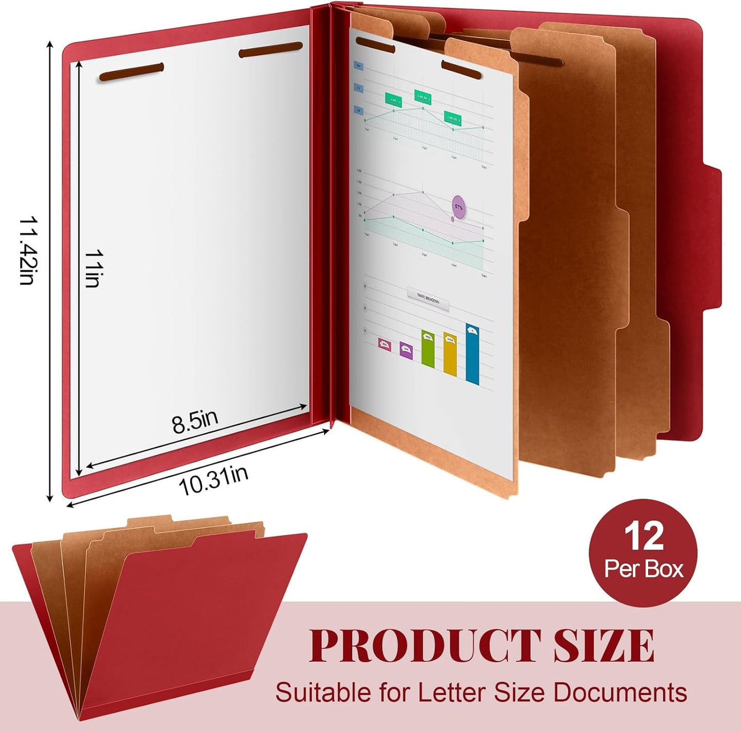 12 Pcs Classification Folders Letter Size, Back to School Supply for Teacher, Student, 3 Dividers Pressboard File Folder Bulk with 2 Fasteners, 3.5 Inch Expanding File Organizer (Red)