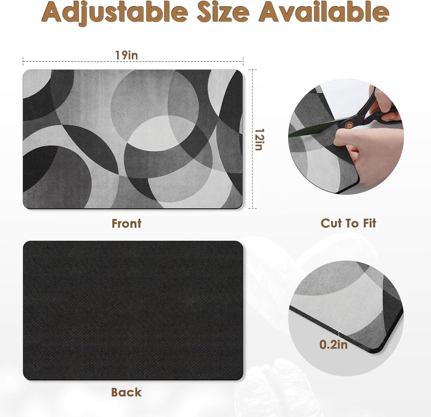 Arttown Coffee Mat for Countertops, Circular Geometric Modern Grey White Black Dish Drying Mat 2 Pcs for Kitchen Bar Accessories, Coffee Maker Espresso Machine Dish Rack Hide Stain Rubber 12x19in