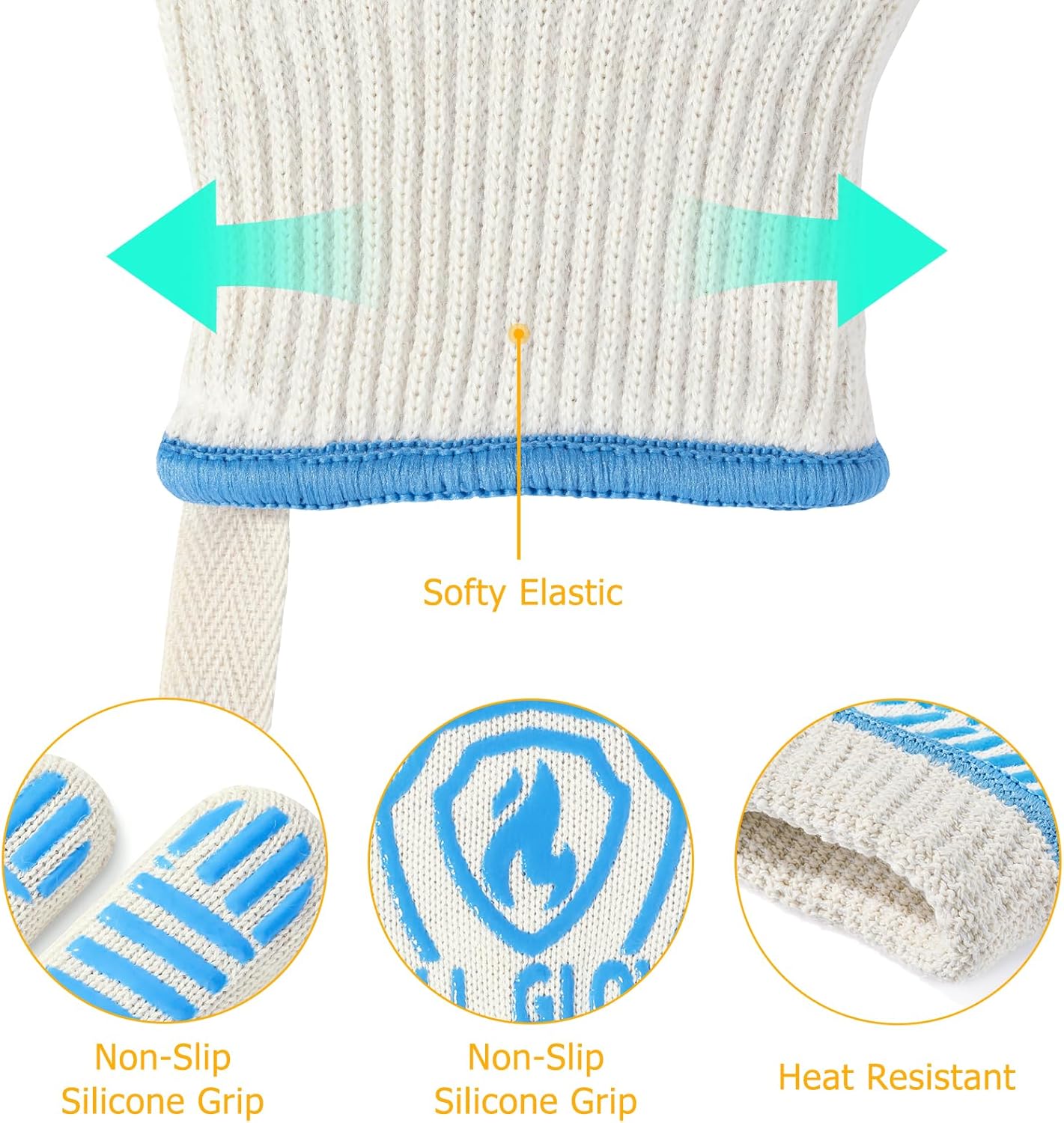 QUWIN BBQ Gloves, Oven Gloves 1472℉ Extreme Heat Resistant, Grilling Gloves Silicone Non-Slip Oven Mitts, Kitchen Gloves for BBQ, Grilling, Cooking, Baking-1 Pair… (Blue, One Size(Long Cuff))