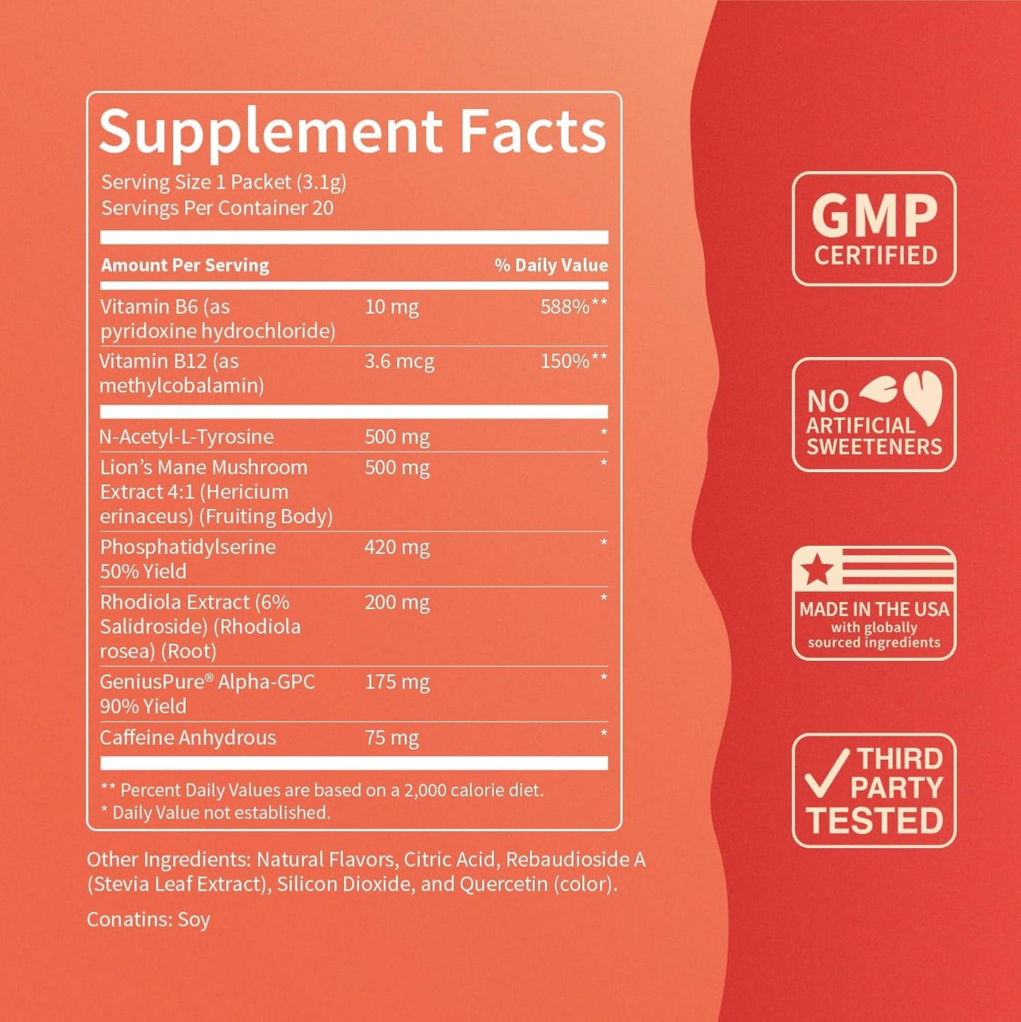 SuperFocus Mojito with Caffeine– Nootropic Focus Drink Mix, 20 On-The-Go Packets, Alpha GPC, Lion’s Mane, Rhodiola, Sugar-Free