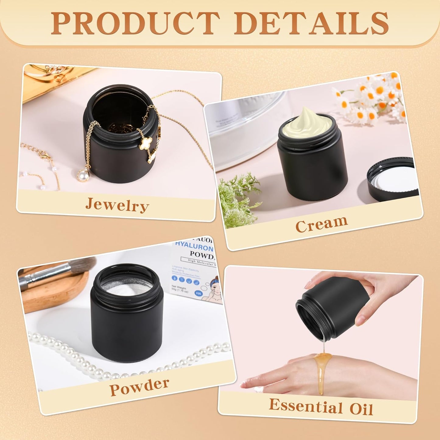 Glass Jars with Lids,Eco-Friendly Cosmetic Containers with Airtight Black Lids & Liners, Multi-Color Options for Cream, Lotion, Body Butter, DIY Skincare Travel Jars (Frosted Black, 4oz)