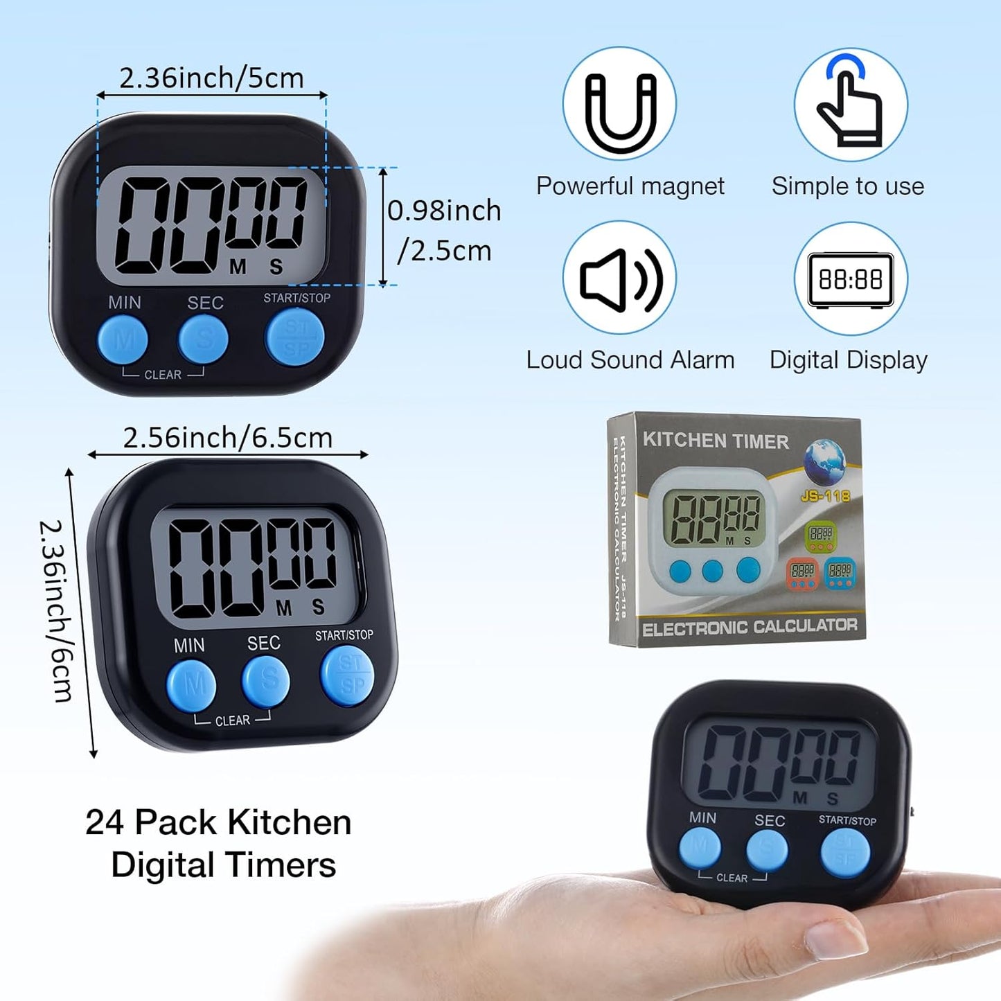 Leumoi 24 Pcs Digital Kitchen Timers Magnetic Back Timers Bulk Large Screen Loud Alarm On/Off Switch Minute Second Count up Countdown Memory Setting for Cooking Classroom Exercise(Black and Blue)