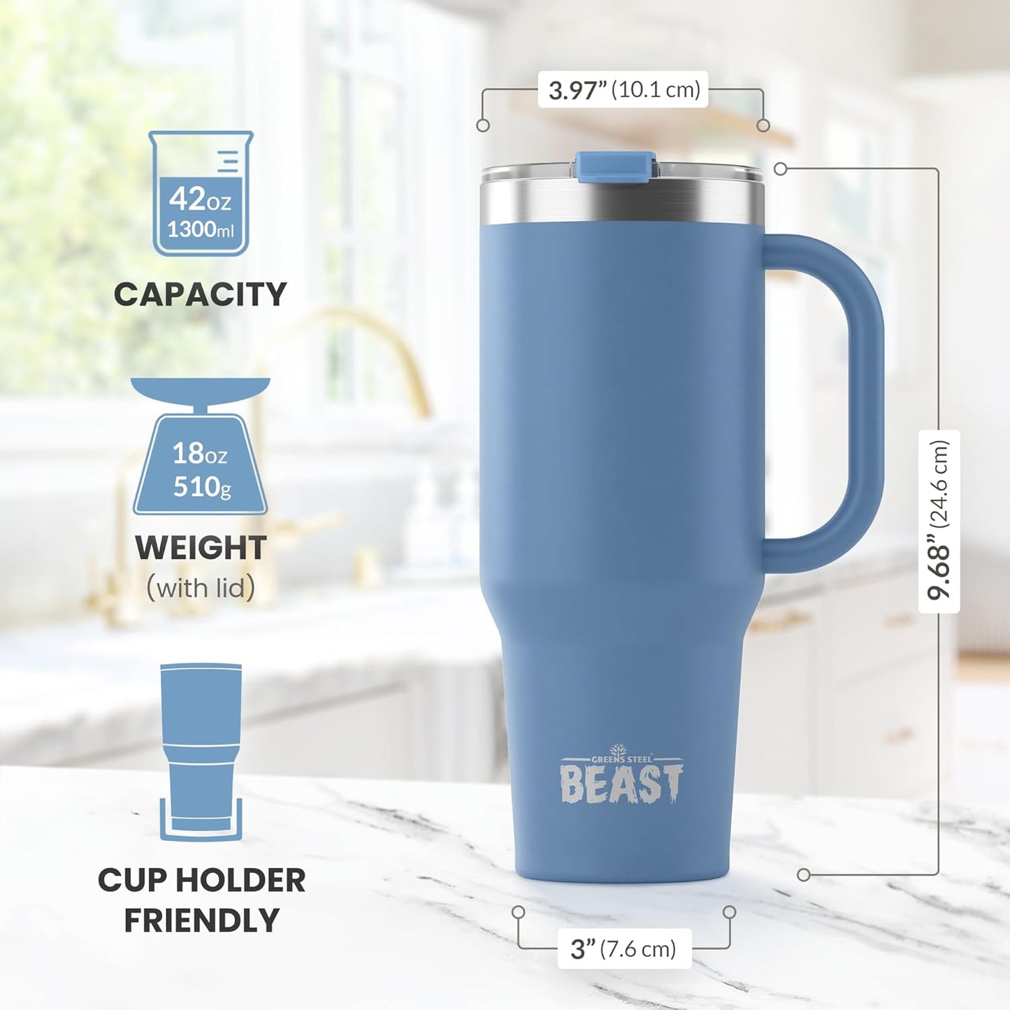 Beast 42 oz Tumbler Stainless Steel Vacuum Insulated Coffee Ice Cup Double Wall Travel Flask (Stormy Sky Blue)