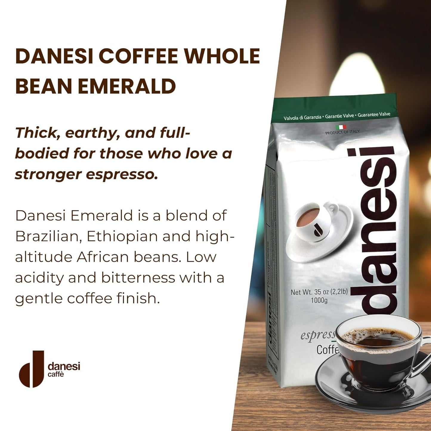 Danesi Caffe Italian Whole Coffee Beans - Espresso Coffee Beans and Medium Roast Whole Bean - Perfect for Espresso Machines, French Press, and Home Brewing - Emerald (4.5 lb)