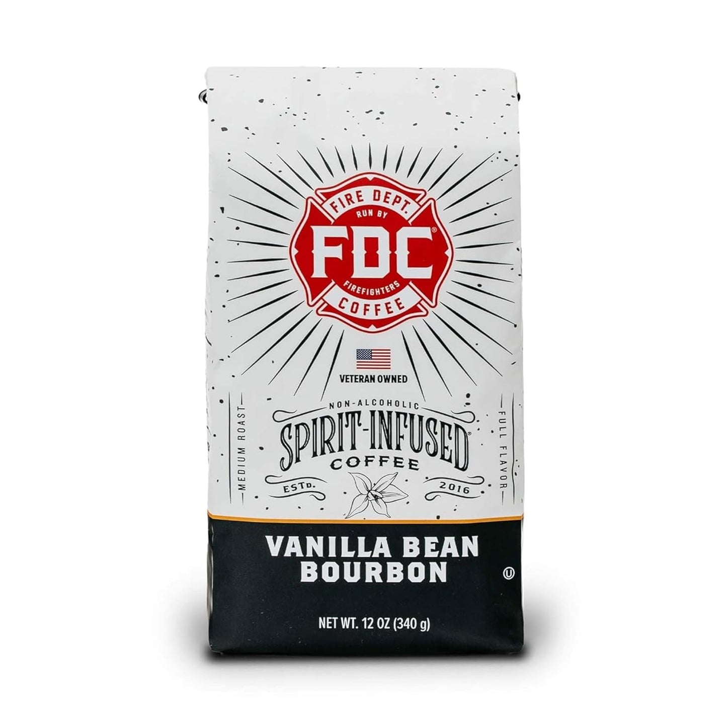 Fire Department Coffee - Vanilla Bourbon Coffee - Gives Back to Firefighters - Vanilla Bean Bourbon Infused - Ground Medium Roast - Non-Alcoholic - Roasted in the USA - Veteran Owned - 12 oz