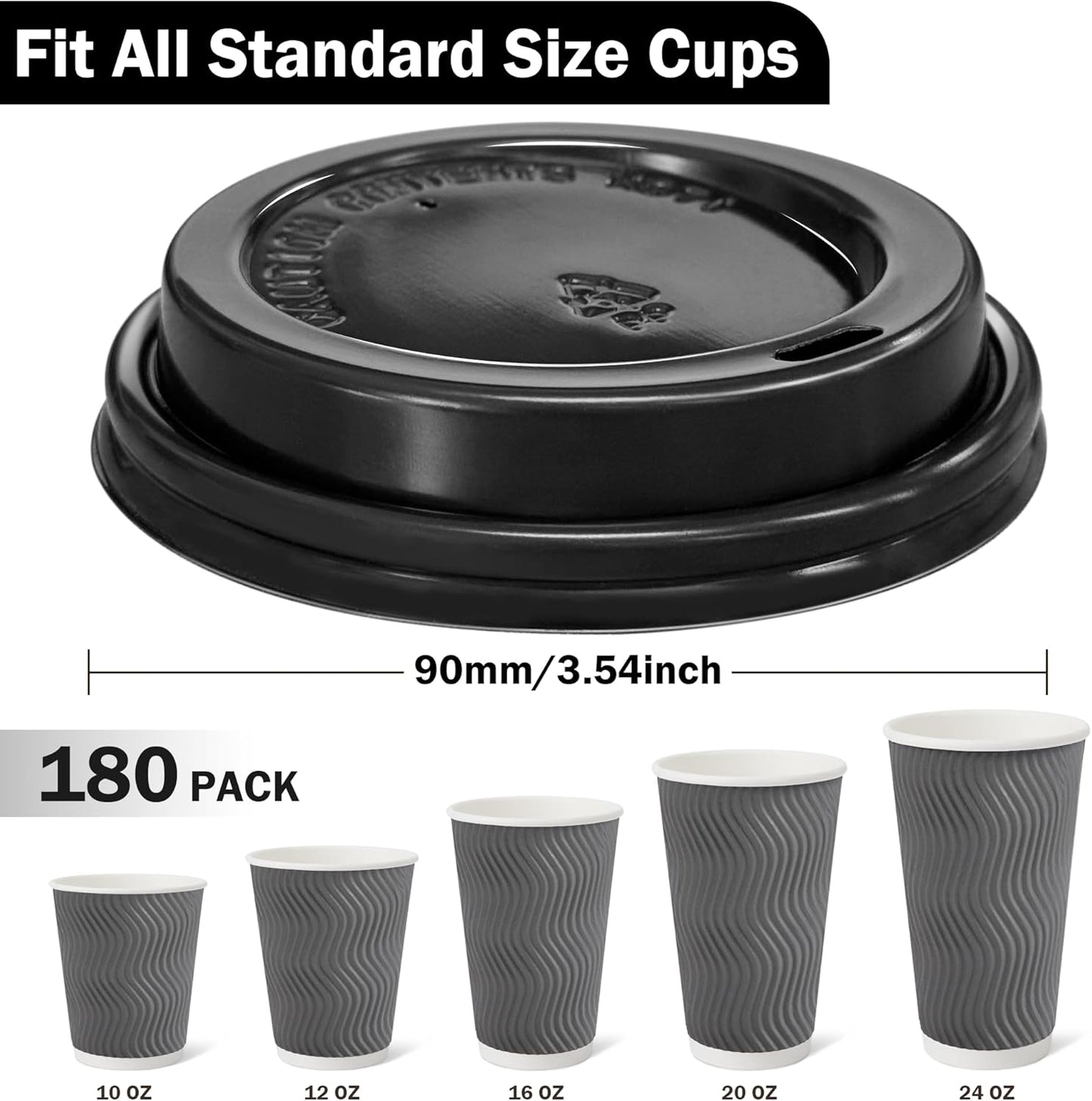 180 Pack Disposable Coffee Cup lids, 3.54'' Leak-Proof Disposable Plastic Cup Lids for 10, 12, 16, 20oz Paper Cups, Hot/Cold Drinking Cup Lids, Black
