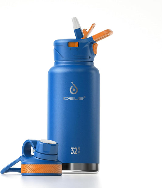 IDEUS Insulated Stainless Steel Water Bottle with 2 Leak-Proof Lids, Thermal Water Flask for Hiking Biking, 32oz, Bright Blue