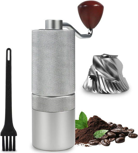 Manual Coffee Grinder Detachable Stainless Steel Conical Burr Aluminum Coffee Bean Grinder with 25 Grinding Settings Cleaning Brush Grindable Espresso Moka Pot French Press for Camping Silver