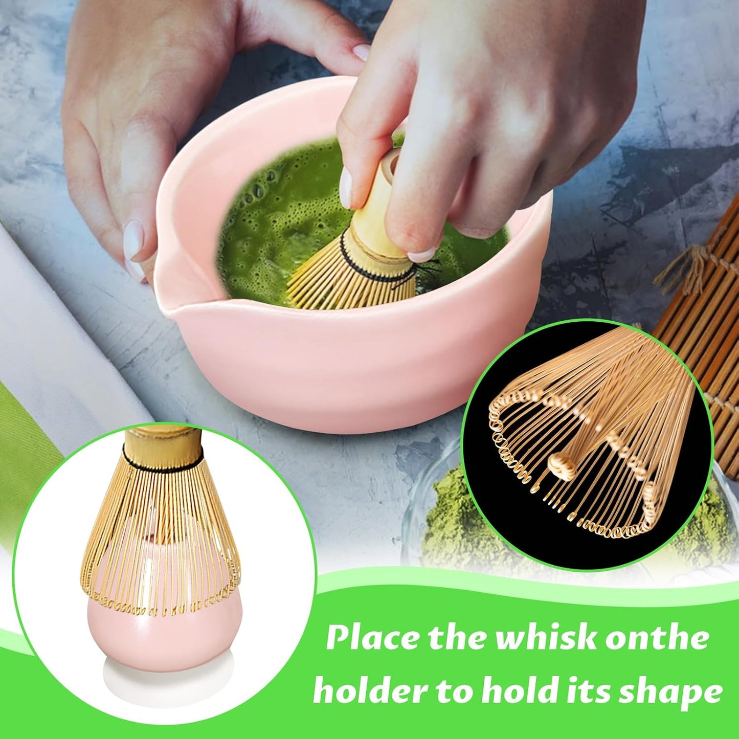 Matcha Set, 6 Pcs Matcha Whisk Set with 20 oz Bowl, Bamboo Whisk for Matcha Tea, Matcha Bowl, Ceramic Matcha whisk Holder, Stainless Sifter and Scoop - Gift for matcha kit Lovers（Pink）