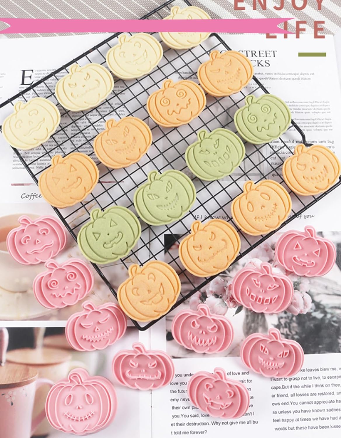 10 Pcs Halloween Cookie Cutters Set with Plunger Stamps, 3D Pumpkin Plastic DIY Cookie Molds for Halloween Party Treat, Baking, Fondant, Cake Decor (F10)