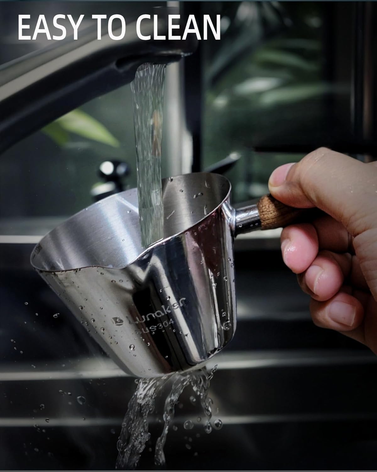 Stainless Steel Espresso Cup - Espresso Shot Cup with Wooden Handle -Measuring Cup with Double Spouts - 4.1OZ/120ML, Bright Silver