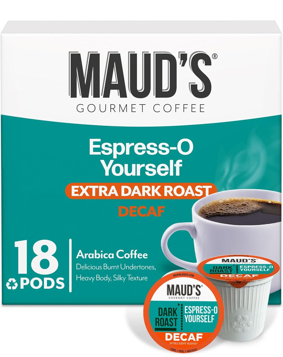 Maud's Decaf Espresso Roast Coffee Pods, 18 ct, Decaffeinated Dark Roast Recyclable Single Serve Pods – 100% Arabica Coffee, Compatible with Keurig K Cups Maker