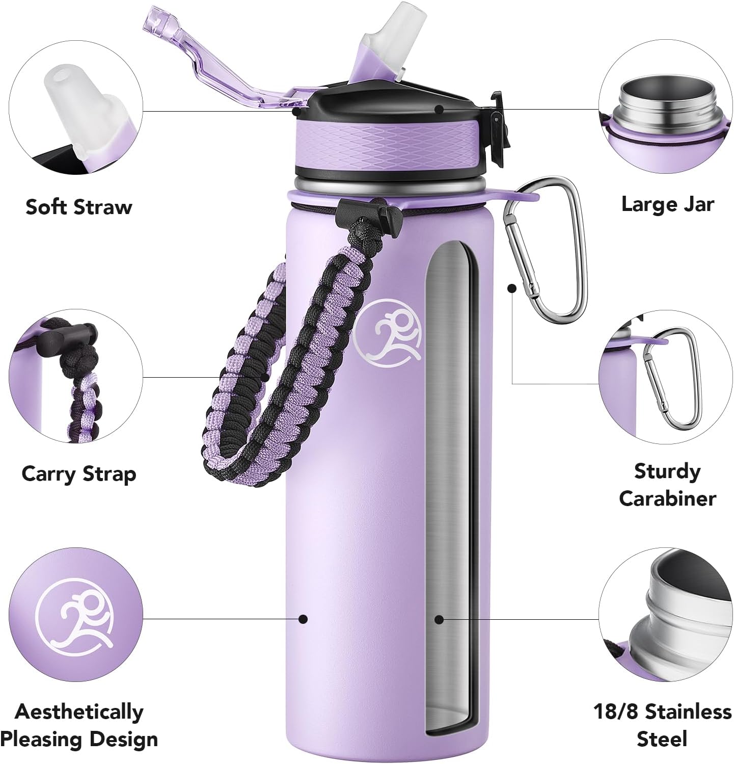 GOSWAG Insulated Sports Water Bottle, 24oz 2 Lids(with Straw/No Straw), Stainless Steel Water Bottles with Paracord Handle, Insulated Bottle with Double-Wall Vacuum Insulation