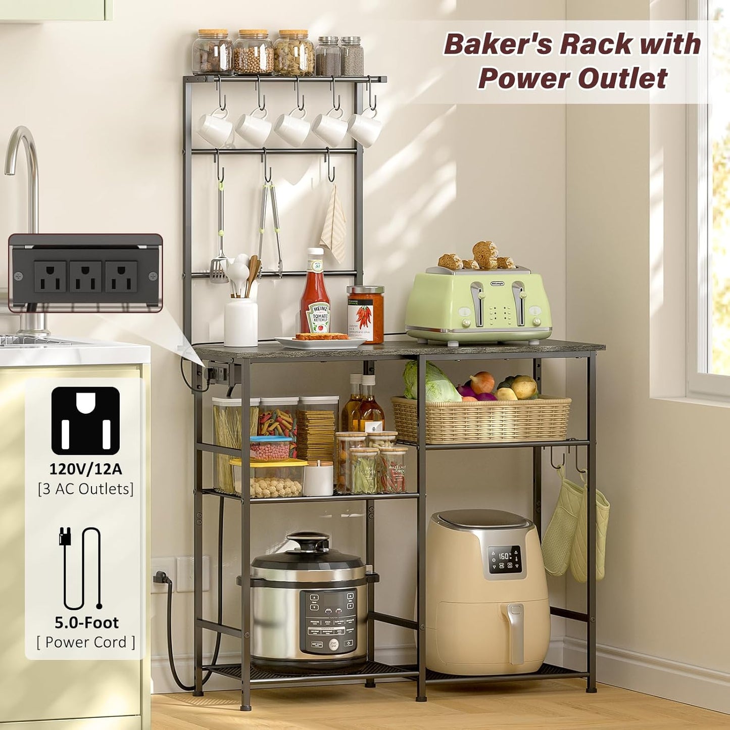 Bakers Rack with Power Outlet, Kitchen Microwave Stand with 10 S-shaped Hooks, 6-Tier Coffee Bar Station, Kitchen Storage Shelf Rack for Spices, Pots, Gray