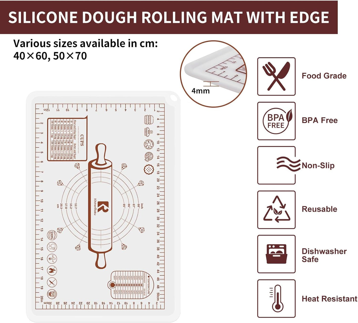 Silicone Baking Mat, Extra Thick Dough Rolling Pad with Measurements and Edge Heightening, Non-stick Food Grade Silicone Pastry Mat for Pastry, Bread, Cookies (Transparent, 20"L x 28"W)