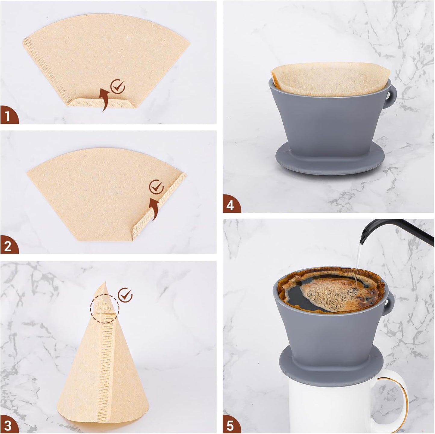 Segarty Pour Over Coffee Dripper, Single Cup Gray Silicone Manual Coffee Maker Set with 200PCS Size #2 Cone Coffee Filter Papers, Drip Coffee Pourover Brewer Filter Holder for Travel Outdoor Camping