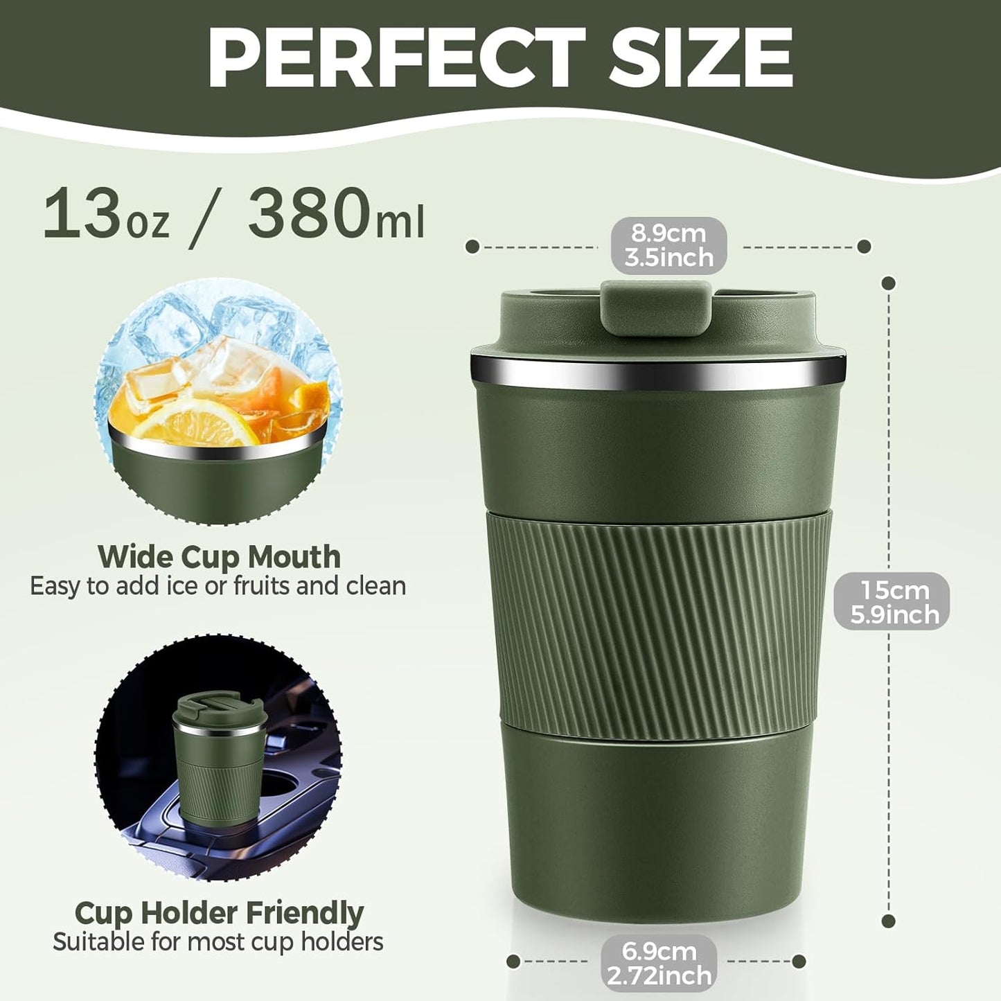 Volhoply 13 oz Stainless Steel Insulated Travel Coffee Mug with Fip Lid Bulk 2 Pack,Reusable Double Wall Vacuum Metal Coffee Cup,Portable Leak Proof Thermal Tumbler for Hot & Cold Drinks(Army Green,2)