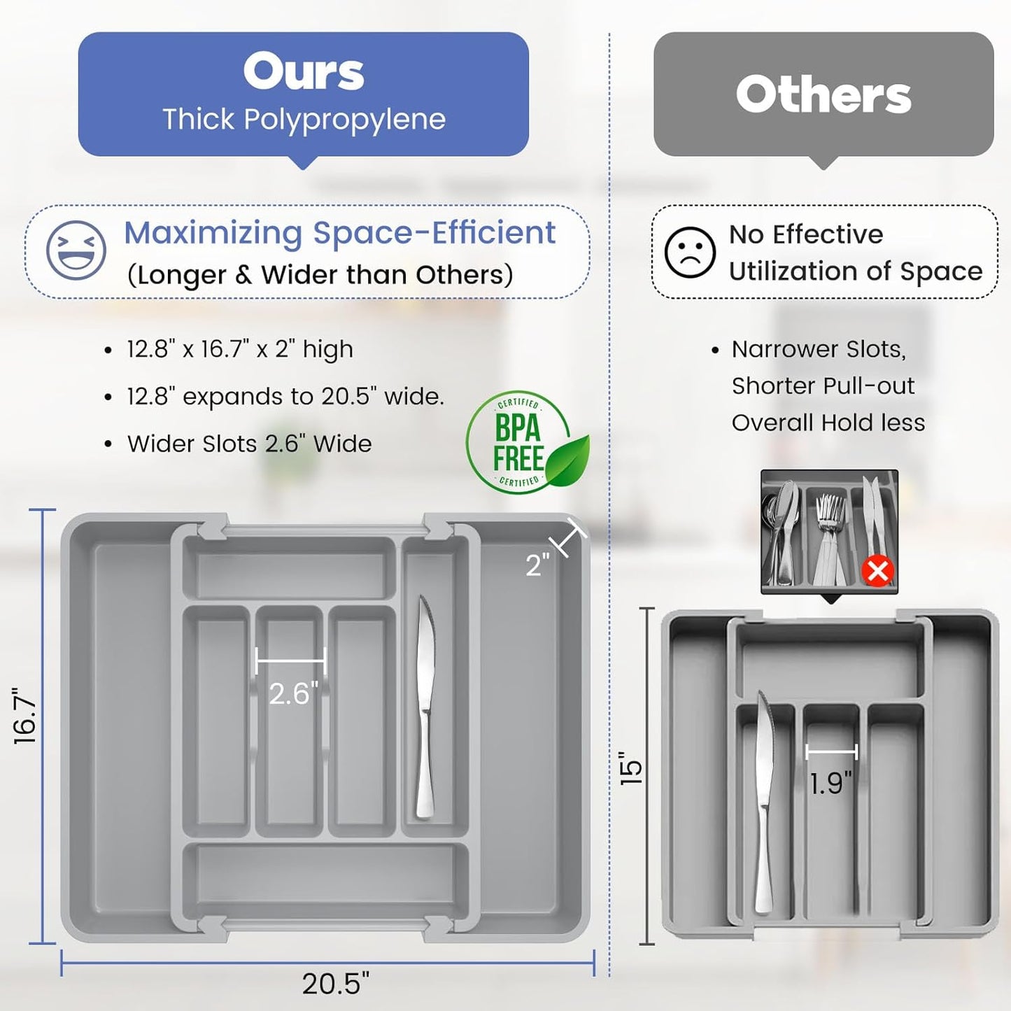 Caperci Large Silverware Organizer for Kitchen Drawer & Utensils - Expandable Drawer Organizer for Cutlery, Flatware & Gadget, BPA-Free Thick Plastic, Wider Compartments & Non-skid Feet (Medium Gray)