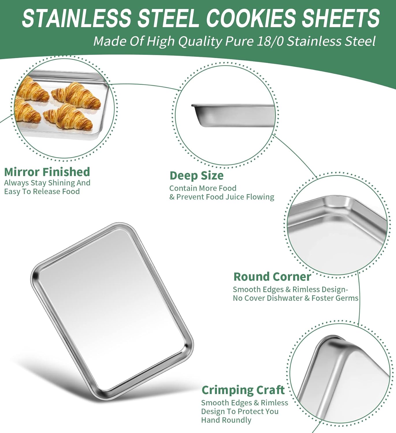 Baking Sheets Set of 2, HKJ Chef Cookie Sheets 2 Pieces Stainless Steel Baking Pans & Toaster Oven Tray Pans, Rectangle Size 9L x 7W x 1H inch & Non Toxic & Healthy & Easy Clean