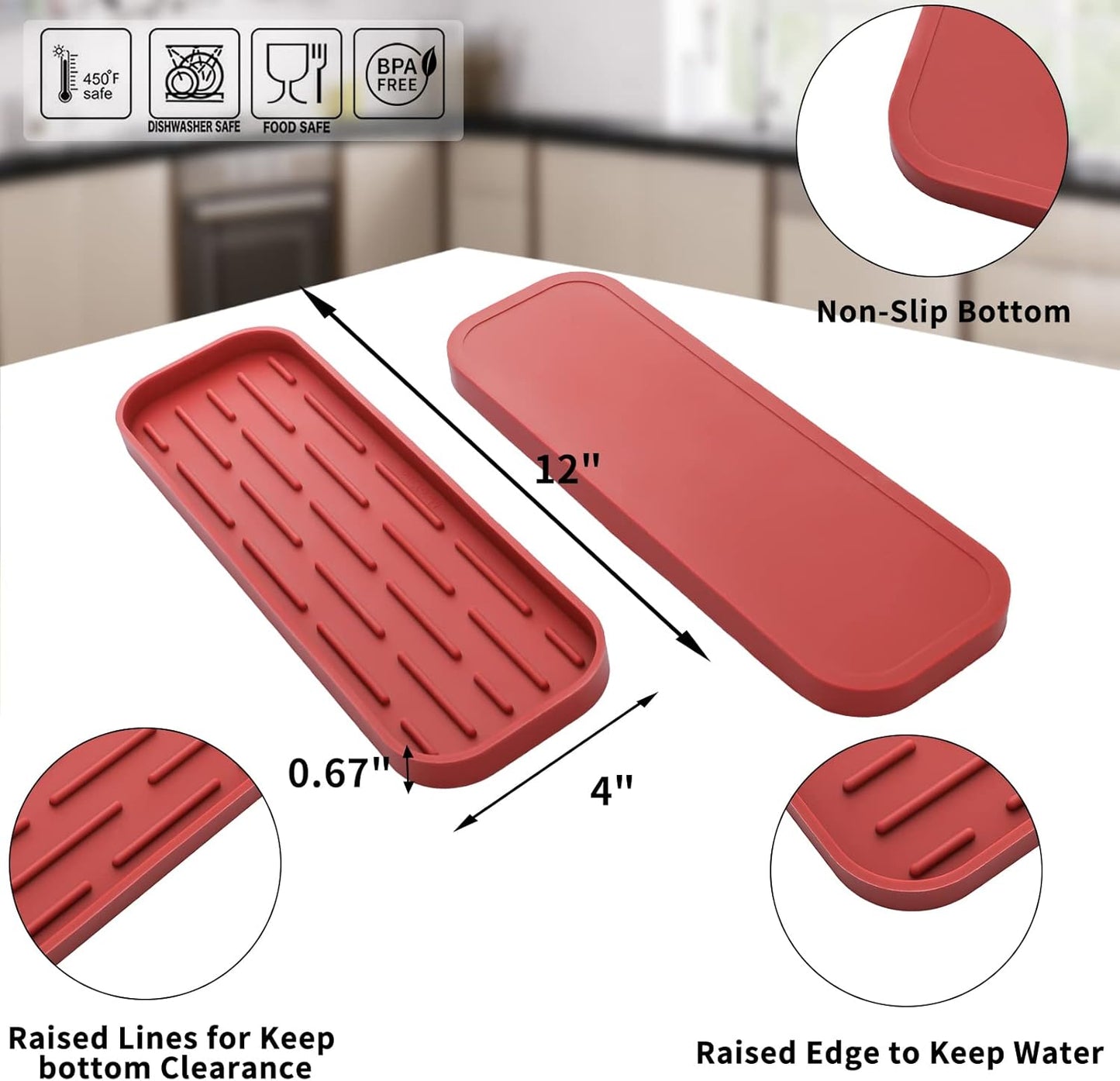 Silicone Kitchen Sink Organizer Tray for Multiple Usage,Eco-Friendly Sponges Holder for Kitchen Bathroom Counter or Sink,Dish Soap Dispenser,Scrubber,Bottle,Cup (Red, 12"×4")