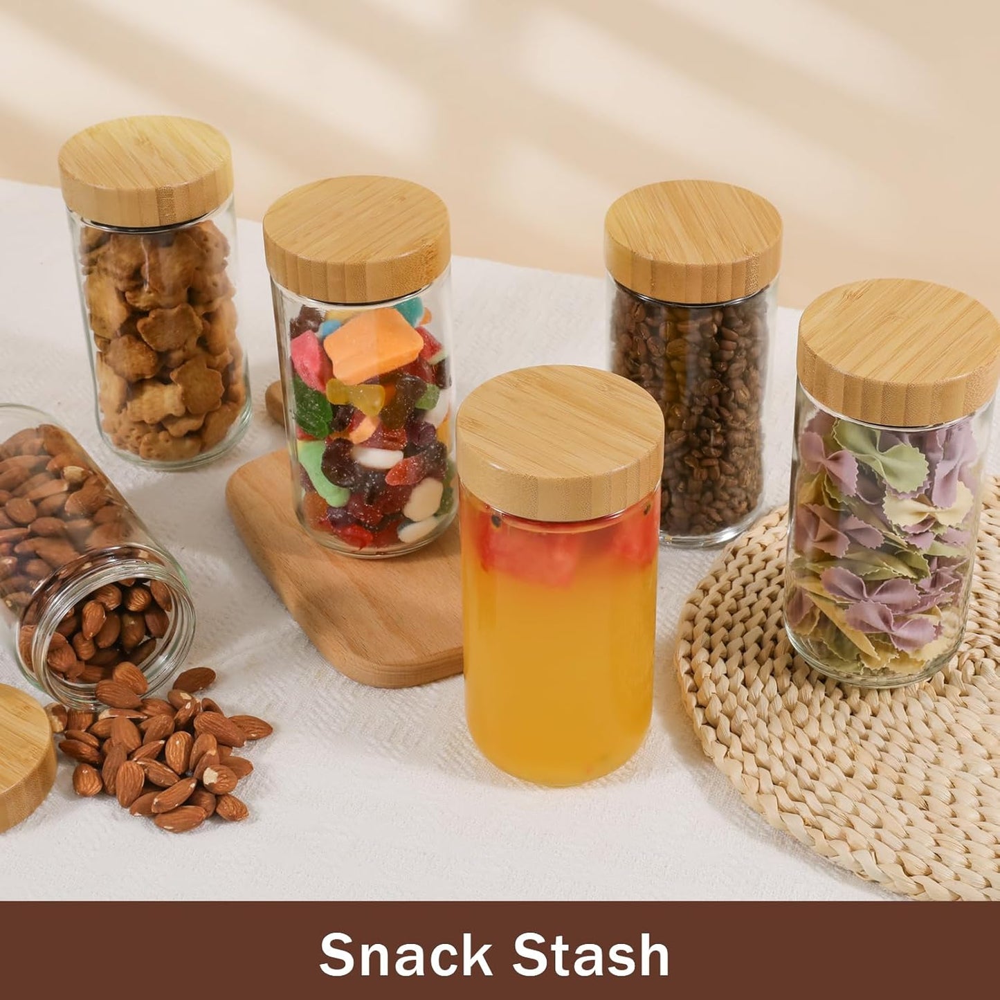 OcePor 6 Pack 24oz Glass Jars with Bamboo Lids, Over Night Oats Container with Airtight Lid, Glass Snack Storage Salad Jars For Food, Yogurt, Sugar and Flour,Coffee Bean, Cookie, Cereal